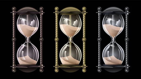 Set realistic vintage hourglass, sandglass of different metals isolated — Stock Vector