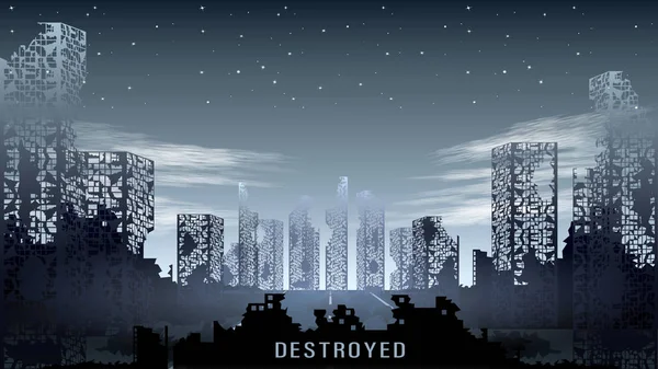 Πανόραμα της κατεστραμμένης πόλης ενάντια στο νυχτερινό έναστρο ουρανό — Διανυσματικό Αρχείο