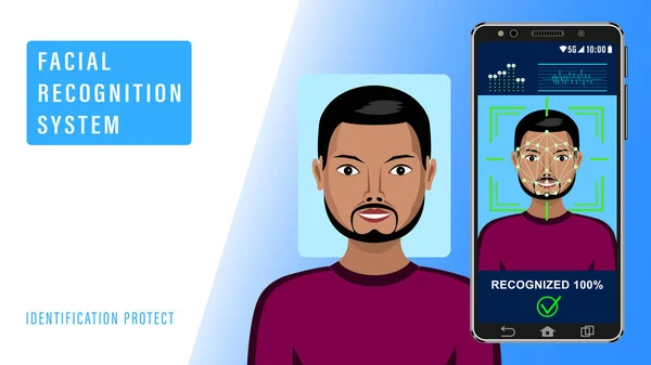 Identificatie van de gezichtsman met behulp van technologie voor de smartphone. — Stockvector