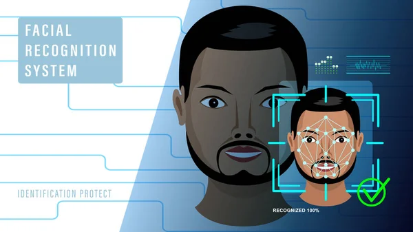 Sistema de reconocimiento facial. Proteger la identificación. Ilustración vectorial . — Vector de stock