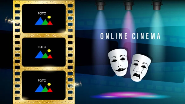 Online cinema gold film theatrical masks of drama and comedy — Stock Vector