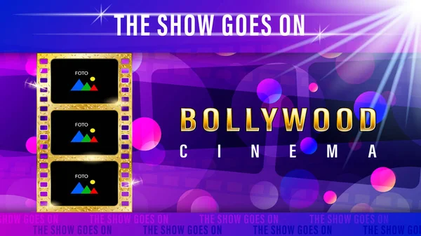Inscription Bollywood cinéma, film d'or réaliste avec espace de copie pour le texte et la photo . — Image vectorielle