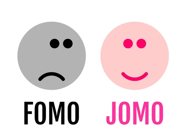 Two funny emojis showing the difference between FOMO and JOMO. JOMO means Joy Of Missing Out. FOMO means Fear Of Missing Out. Mental health concept due to oversupply of information. Digital detox.