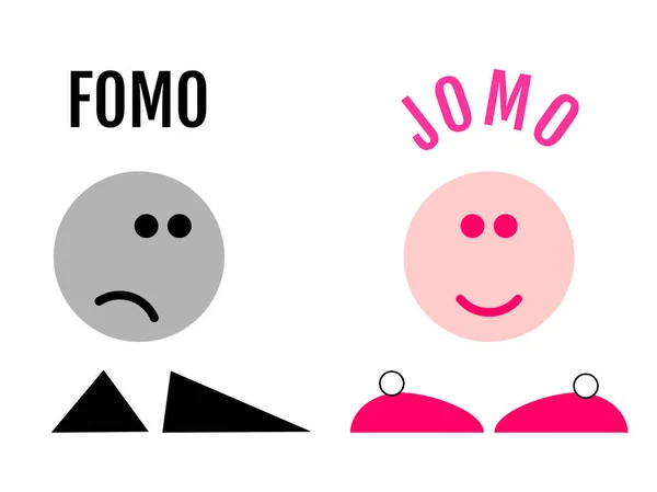 Two funny emojis showing the difference between FOMO and JOMO. JOMO means Joy Of Missing Out. FOMO means Fear Of Missing Out. Mental health concept due to oversupply of information. Digital detox.