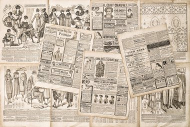 Newspaper pages with antique advertising. Fashion magazine clipart
