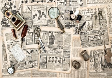 antique accessories, sewing and writing tools, vintage advertisi clipart