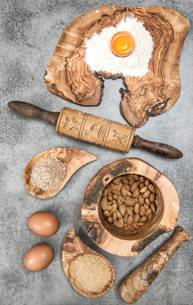 Ingredients and spices for dough. Kitchen tools utensils