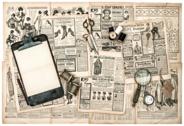 Antique accessories on newspaper pages clipart
