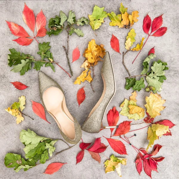 Autumn leaves and golden shoes — Stock Photo, Image