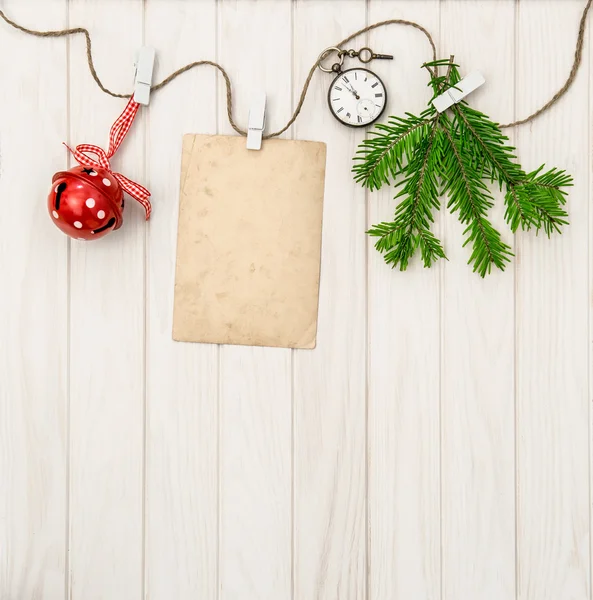 Christmas decorations with greeting card — Stock Photo, Image