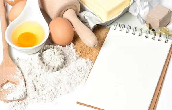 Food background. Recipe book and baking ingredients — Stock Photo, Image