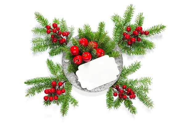 Kerstboom takken rode berriesgreetings kaart decoratie — Stockfoto