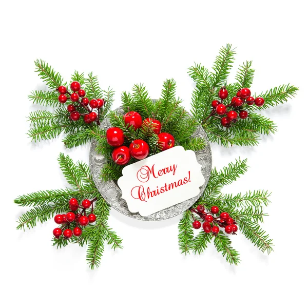 Christmas tree branches red berries decoration greetings card — Stock Photo, Image