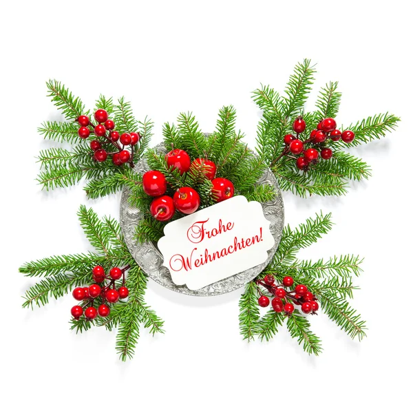 Rami di albero di Natale rosso bacche decorazione Frohe Weihnachten — Foto Stock