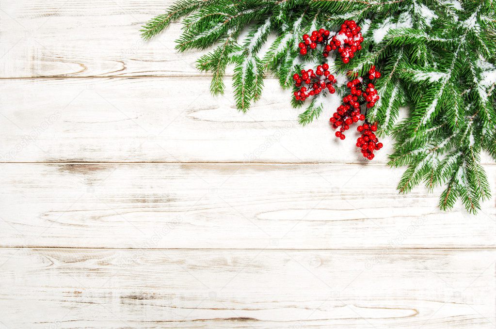 Christmas background. Evergreen tree branches red berries decora — Stock Photo © LiliGraphie