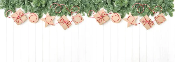 Weihnachtsbaum Zweige Geschenk-Boxen Urlaub Banner — Stockfoto