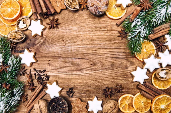 Christmas decorations cookies spices Holidays food ingredients v — Stock Photo, Image