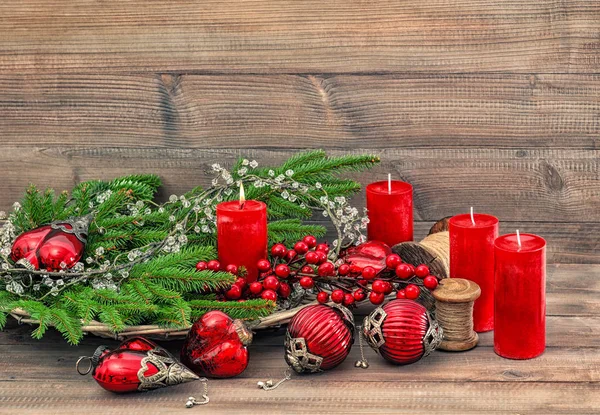 Christmas decorations ornaments Red baubles candles Holidays bac — Stock Photo, Image