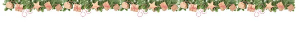 Caixas de presente de decoração de Natal Pine tree branches border banner — Fotografia de Stock