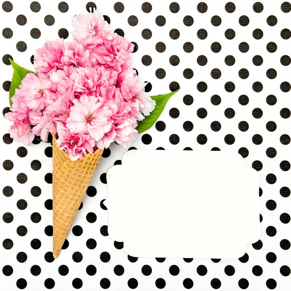 Cherry tree blossom ice cream waffle cone paper tag — Stock Photo, Image