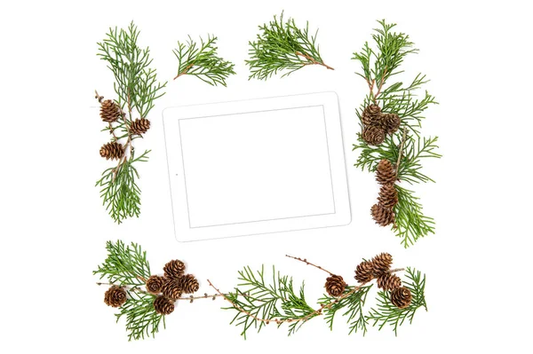 Floral Flat lay background Mock up tablet pc Christmas decoratio — Stock Photo, Image