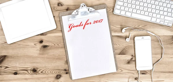 Office Workplace Clipboard Paper Laptop Goals New Year — Stock Photo, Image