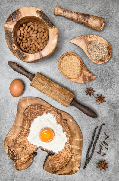 Lebensmittel Hintergrund Backutensilien Zutaten Küchentisch — Stockfoto