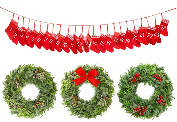 Kerst decoratie krans rood lint boog adventkalender — Stockfoto