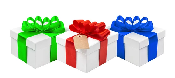 Cajas de regalo cinta arco decoración aislado fondo blanco — Foto de Stock