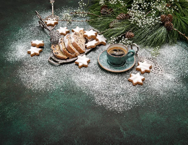 Christmas sweet food cookies Stollen coffee decoration vintage — Stock Photo, Image