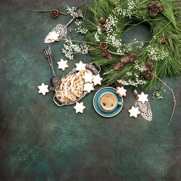 Weihnachten süß essen plätzchen stollen kaffee dekoration vintage — Stockfoto