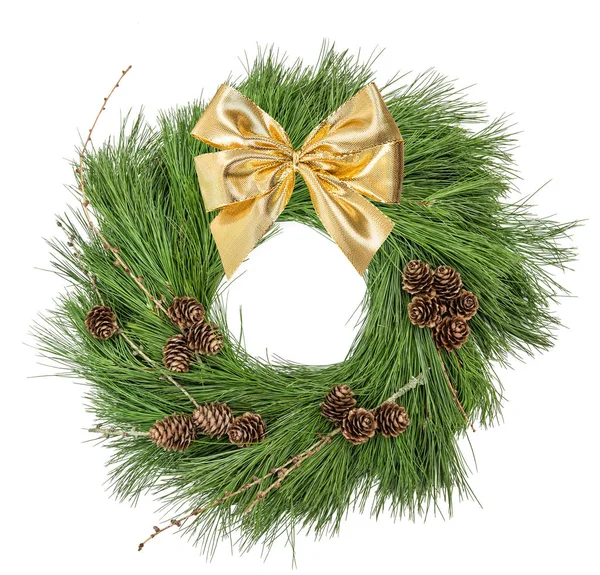 Christmas wreath pine cones golden ribbon bow — Stock Photo, Image