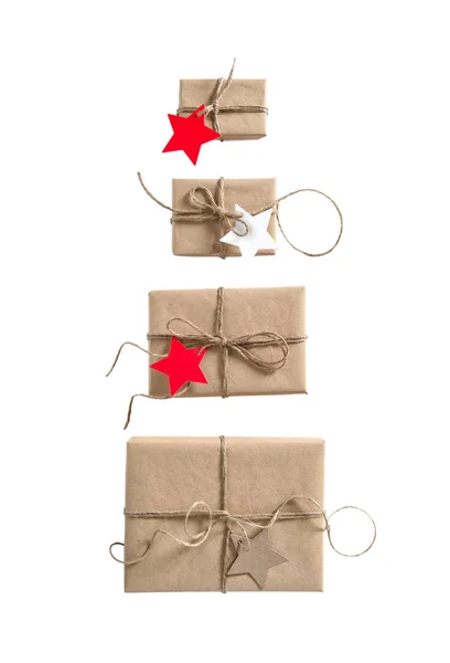 Cajas de regalo con etiqueta de papel en forma de estrella Vacaciones concep — Foto de Stock