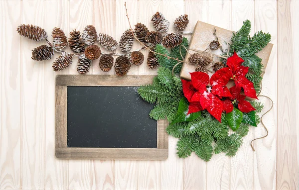 Pine branches red flowers poinsettia vintage chalkboard — Stock Photo, Image