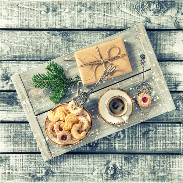 Christmas cookies coffee decorations — Stock Photo, Image