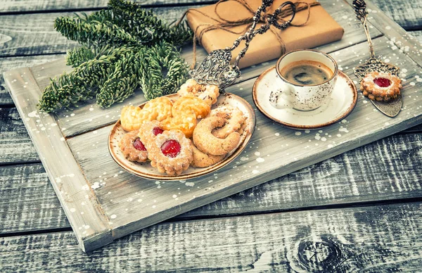 Christmas cookies coffee decorations — Stock Photo, Image