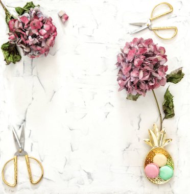 Düz HORTENSIA çiçek macarons dekorasyon ile yatıyordu