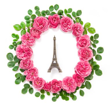 Pembe Gül çiçek Eyfel Kulesi Paris düz lay