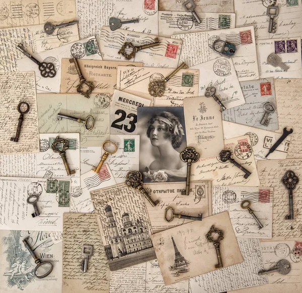 Old letters postcards keys woman rose flower — Stock Photo, Image