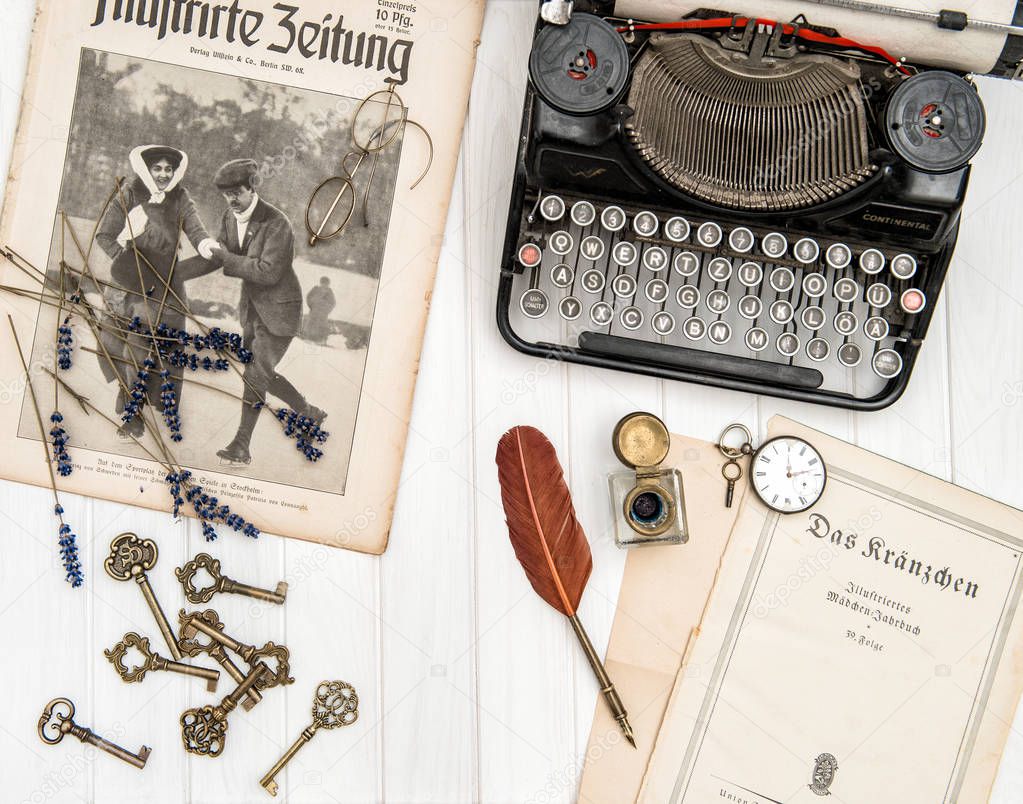 Antique typewriter vintage office accessories Flat lay still lif