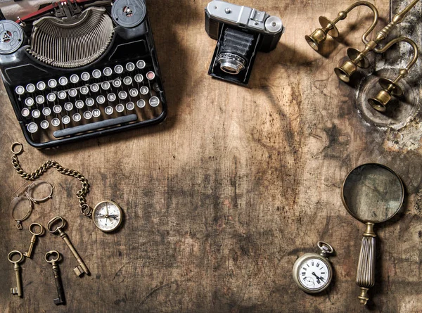 Vintage typewriter photo camera still life flat lay — Stock Photo, Image