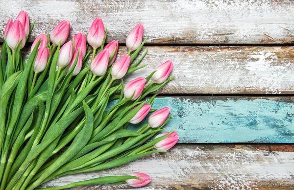 Tulipas rosa fresco água cai fundo de madeira — Fotografia de Stock