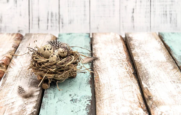 Huevos nido fondo madera Pascua decoración —  Fotos de Stock