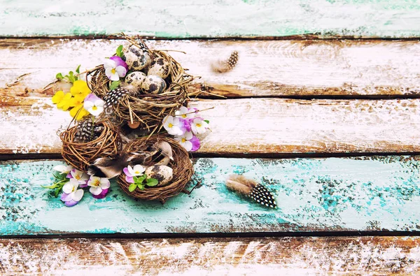 Páscoa decoração ovos pansy flores Vintage tonificado — Fotografia de Stock