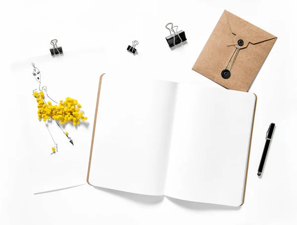 Abrir sketchbook mimosa flores fundo branco — Fotografia de Stock