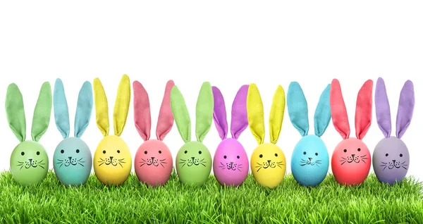 Huevos de Pascua divertido conejito verde hierba — Foto de Stock