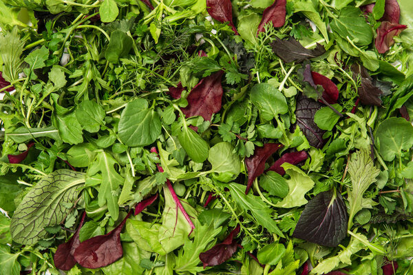 Salad leaves herbs flowers Healthy nutrition Food background
