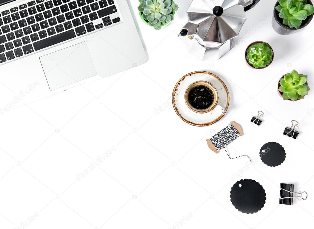 Office workplace Flat lay Coffee laptop supplies succulent