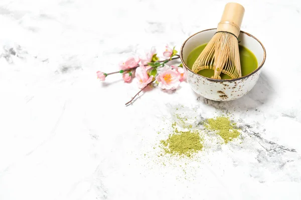 Macha tea cup stone background Food drinks — Stock Photo, Image