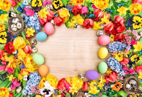 Fondo de Pascua flores de primavera huevos de colores Tulipanes narcisos — Foto de Stock